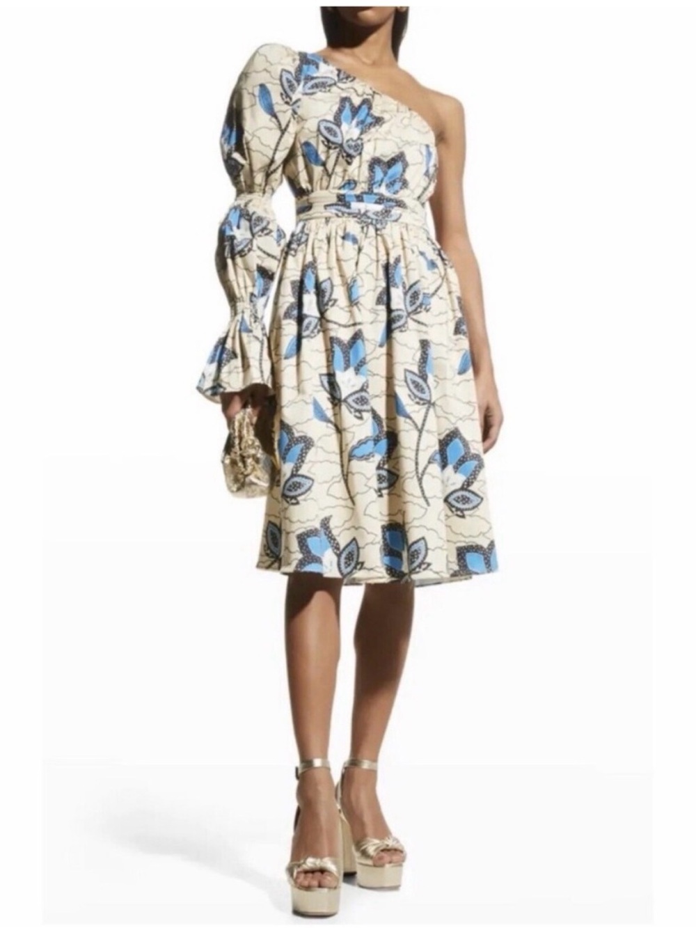 Autumn Adeigbo Cream and Blue Floral One-Shoulder Midi Dress